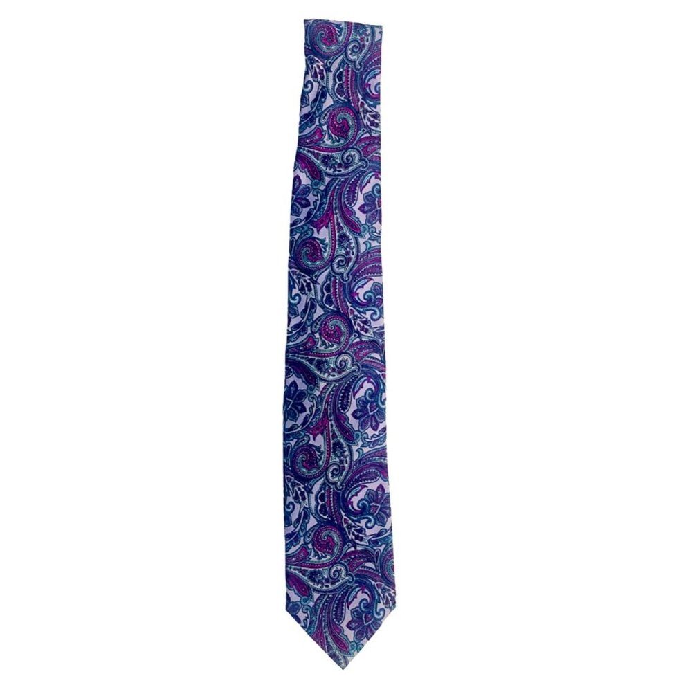 Nicola Paone Silk Necktie Purple Paisley Green Lavender Print